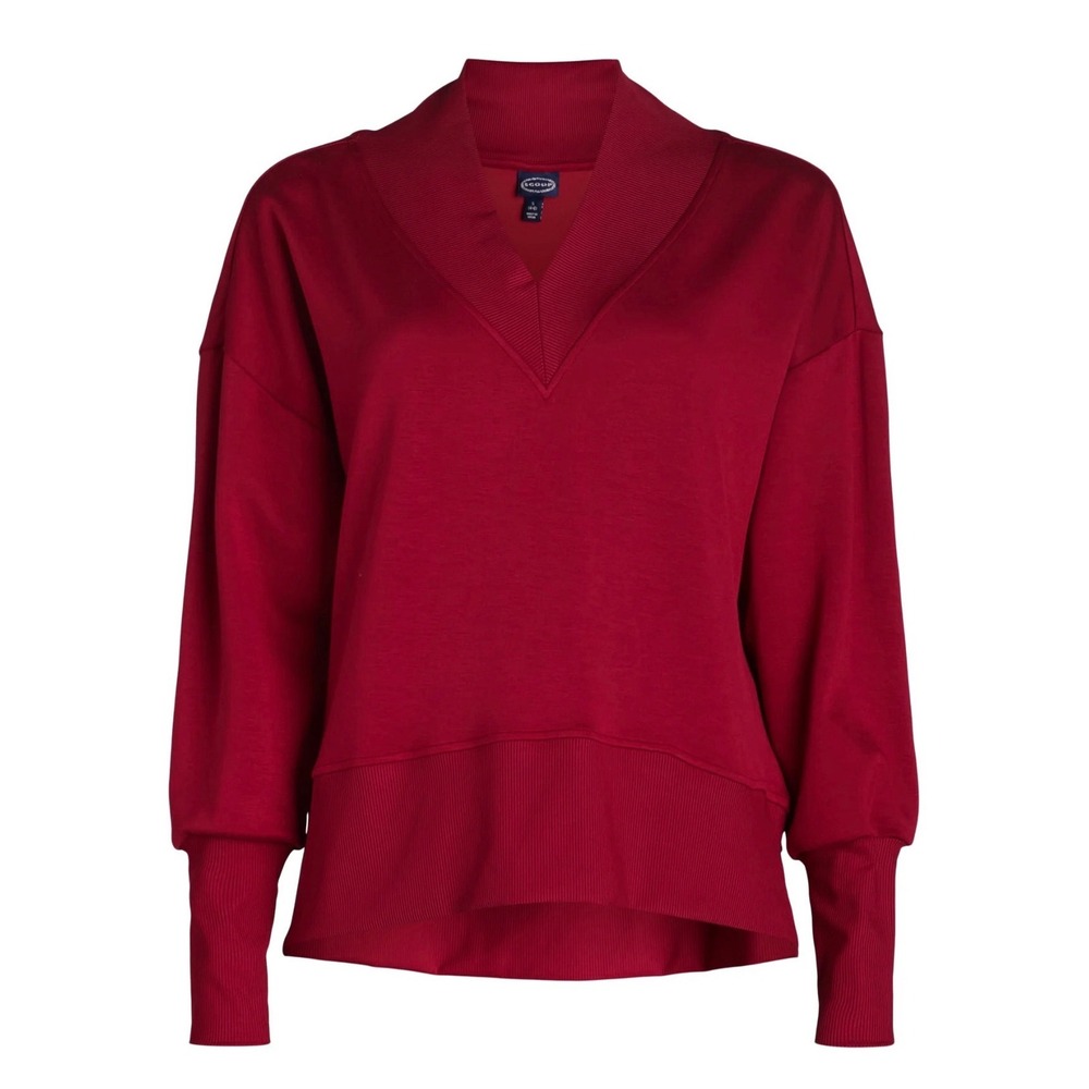 Scoop Womens V-Neck Ribbed Collar Pullover Sweatshirt Red SCT422040139 Medium
